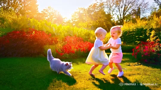 Sunlit Garden: Joyful Dance of Cat and Baby – AI Generated Video | Hailuo AI