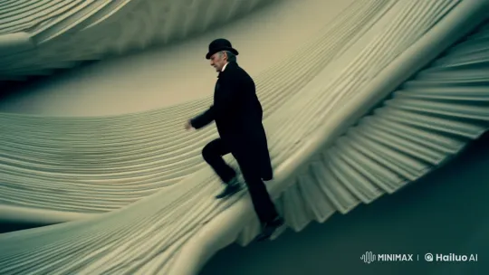 Man Ascends Surreal Möbius Staircase in Dreamlike Scene – AI Generated Video | Hailuo AI