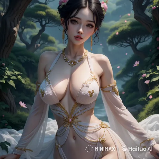Elegant Woman in Serene Forest with Delicate Gold-White Attire – AI Generated Video | Hailuo AI
