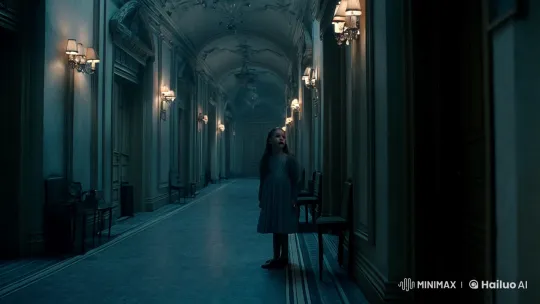 Young Girl Explores Haunted Hotel Corridor – AI Generated Video | Hailuo AI