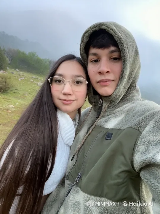 Woman in White Sweater Kissed by Another Amidst Misty Mountains – AI Generated Video | Hailuo AI
