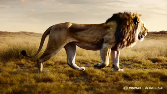 Regal Lion Dominates Savannah in Dynamic Tracking Shot – AI Generated Video | Hailuo AI