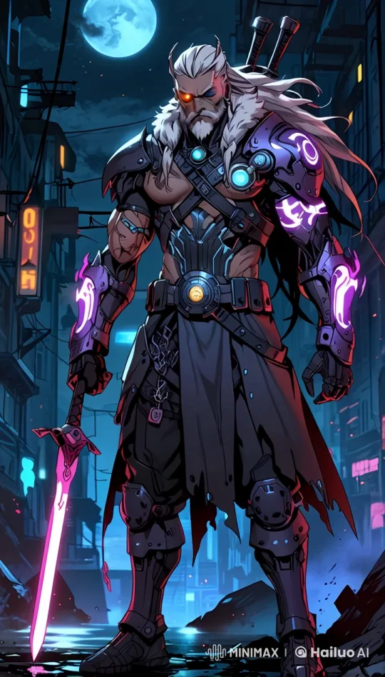 Cyberpunk Warrior Wields Glowing Sword in Neon Alley – AI Generated Video | Hailuo AI