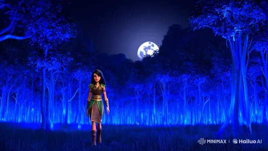 Mystical Teen in Enchanted Blue Forest Under Moonlight – AI Generated Video | Hailuo AI