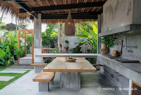 Contemporary Outdoor Kitchen with Serene Tropical Setting – AI Generated Video | Hailuo AI