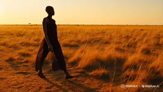 Black Model Empowers in Savannah's Golden Light – AI Generated Video | Hailuo AI