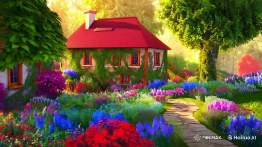 Charming Countryside Houses Amidst Vibrant Garden – AI Generated Video | Hailuo AI