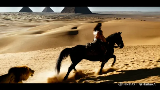 Man and Lion Gallop Across Egyptian Sands with Pyramids in Sight – AI Generated Video | Hailuo AI