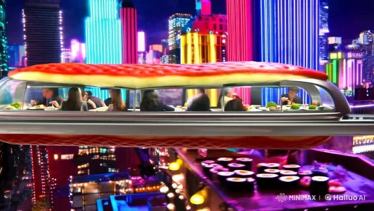 Futuristic Monorail Showcases Culinary Journey in Neon Cityscape – AI Generated Video | Hailuo AI