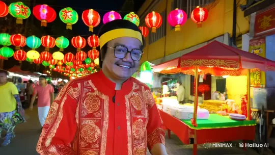 Lunar New Year Celebration: Man in Festive Attire Savors Delicacies, Joins Lion Dance – AI Generated Video | Hailuo AI