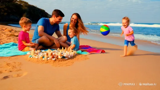 Family Bliss: Joyful Beach Day with Laughter and Love – AI Generated Video | Hailuo AI