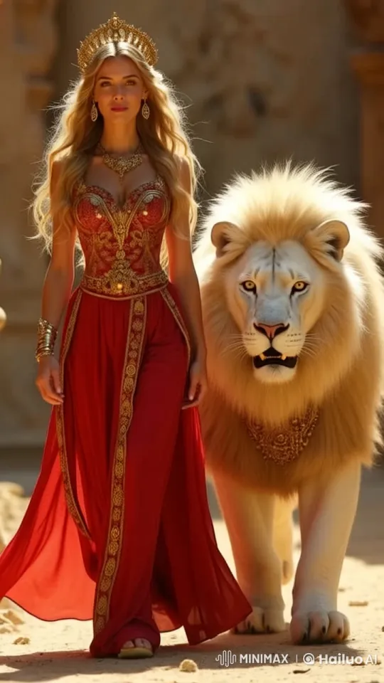 Royal Princess and White Lion Grace Sunlit Walk – AI Generated Video | Hailuo AI