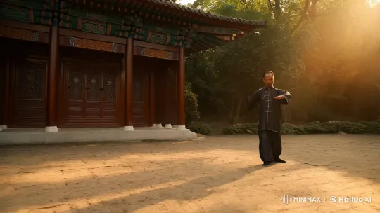 Aesthetic Display of Kungfu Mastery in Traditional Chinese Courtyard – AI Generated Video | Hailuo AI