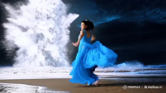 Taiwanese Lady Confronts Water Tornado on Windswept Beach – AI Generated Video | Hailuo AI