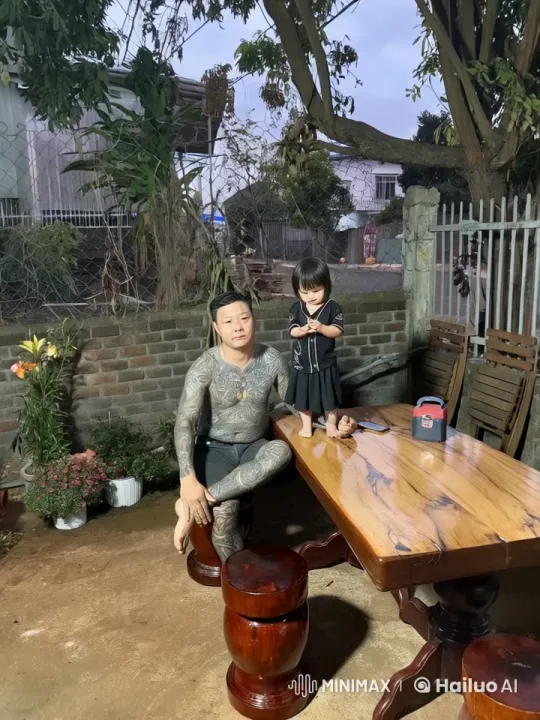 Man with Tattoos Relaxing in a Garden with a Young Girl – AI Generated Video | Hailuo AI