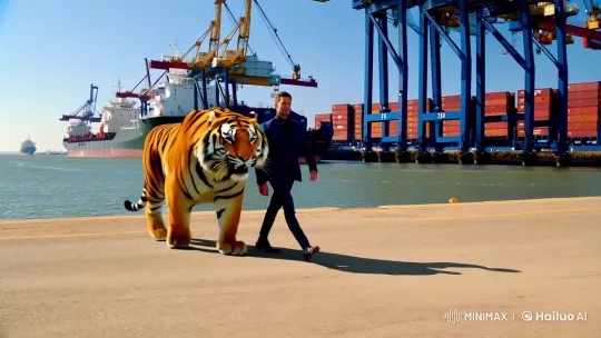 Man and Majestic Tiger Stride Through Bustling Port – AI Generated Video | Hailuo AI