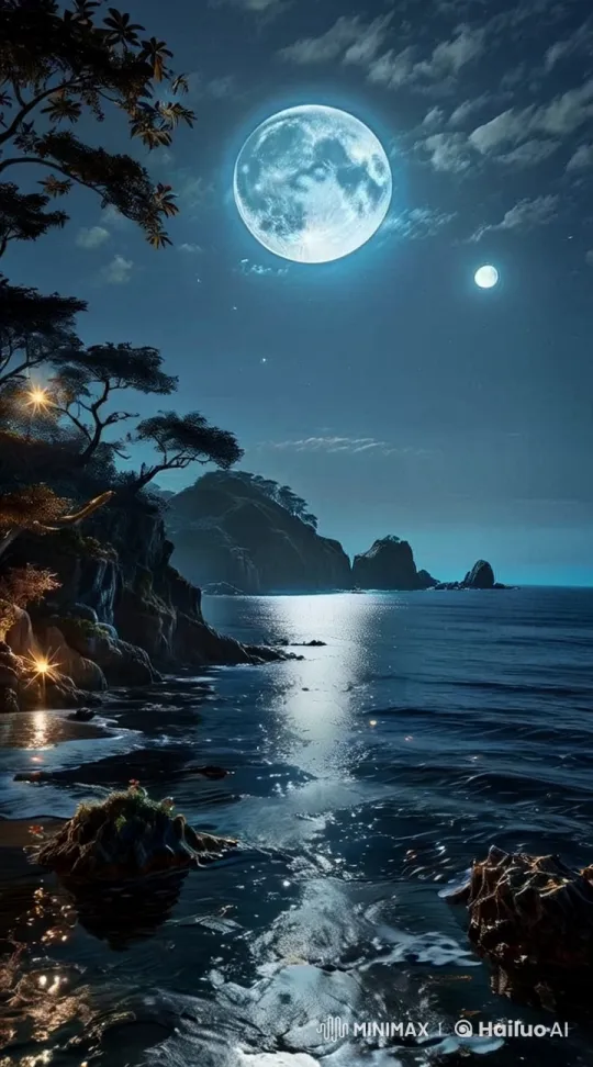 Tranquil Moonlit Ocean Reflecting on Coastal Cliffs – AI Generated Video | Hailuo AI