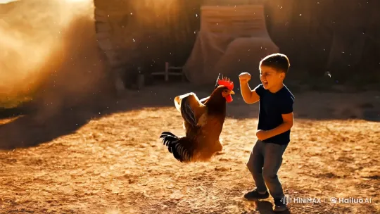 Boy vs. Chicken: Chaotic Fight in Sunlit Rustic Setting – AI Generated Video | Hailuo AI