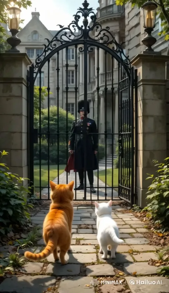 Curious Cats Explore Garden Through Iron Gate – AI Generated Video | Hailuo AI