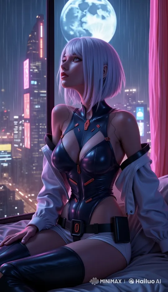 Futuristic Woman Reflects on Neon Cityscape at Night – AI Generated Video | Hailuo AI