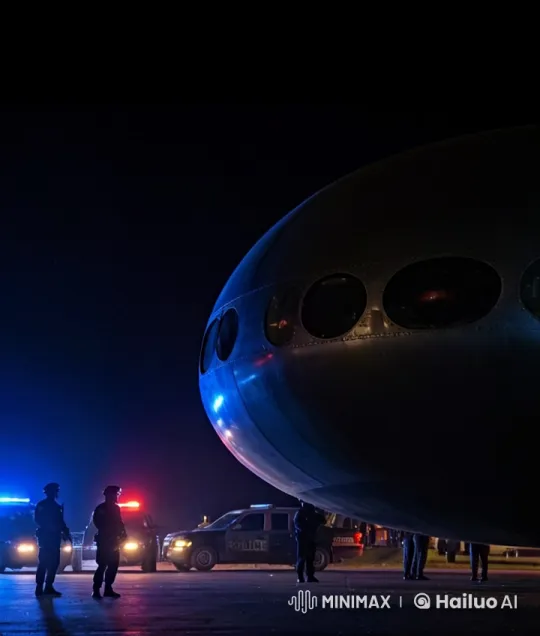 Nighttime UFO Encounter on Airstrip Monitored by Police – AI Generated Video | Hailuo AI