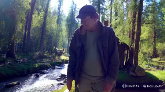 Senior Man Reflects in Forest by Stream – AI Generated Video | Hailuo AI