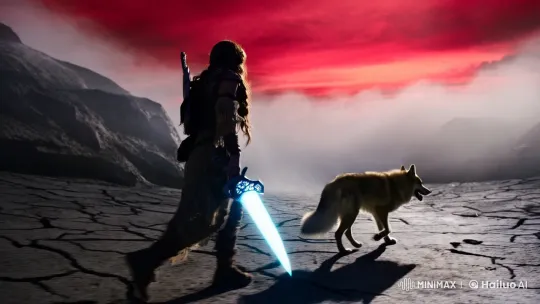 Aesthetic Cinematic Tale of Traveler and Wolfdog Facing a Nightmarish Beast – AI Generated Video | Hailuo AI