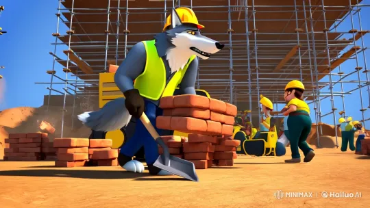 Wolf Laborer at Bustling Construction Site – AI Generated Video | Hailuo AI