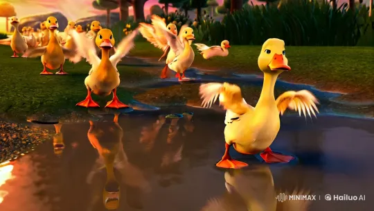 Ducks Splashing in Puddles with Magical Evening Glow – AI Generated Video | Hailuo AI