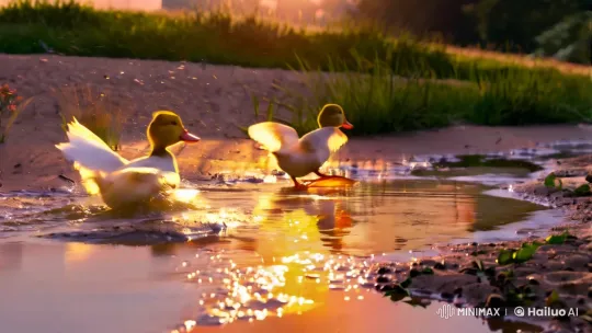 Ducks Splash in Puddles, Evening Magic in Pixar Style – AI Generated Video | Hailuo AI