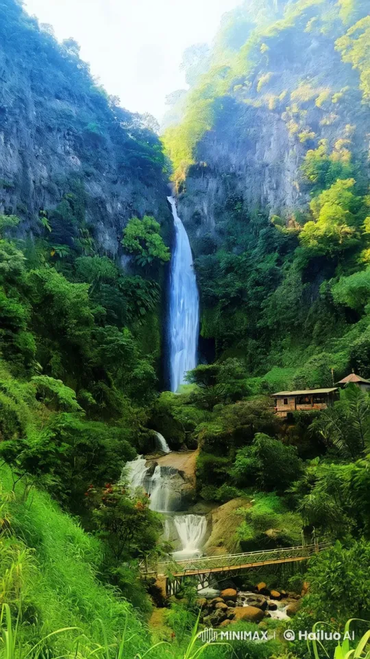 Enchanted Hillside Waterfall with Rustic Charm – AI Generated Video | Hailuo AI