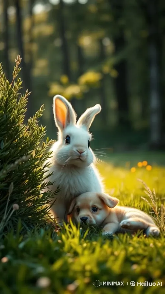 Idyllic Countryside: Rabbit, Dog, and Golden Meadow – AI Generated Video | Hailuo AI