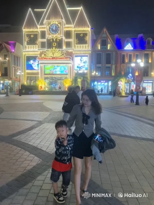 Woman and Child Playfully Interact in Festive Town Square – AI Generated Video | Hailuo AI