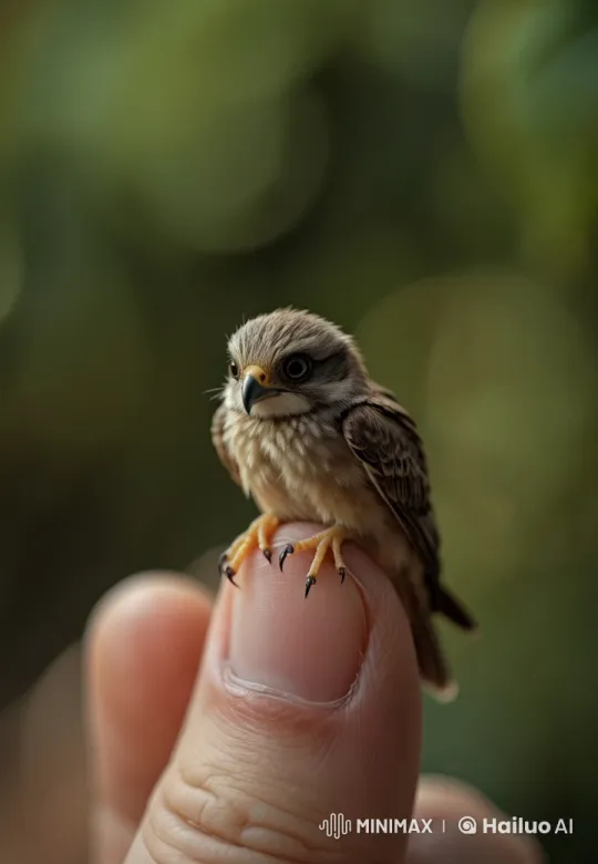 Tiny Bird Perched on Thumb in Soft-Green Setting – AI Generated Video | Hailuo AI