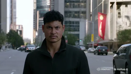 Man with Intense Stare Amidst Urban Chaos – AI Generated Video | Hailuo AI