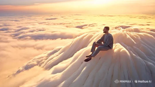 Contemplative Man on Ethereal Cloud Mountain at Twilight – AI Generated Video | Hailuo AI