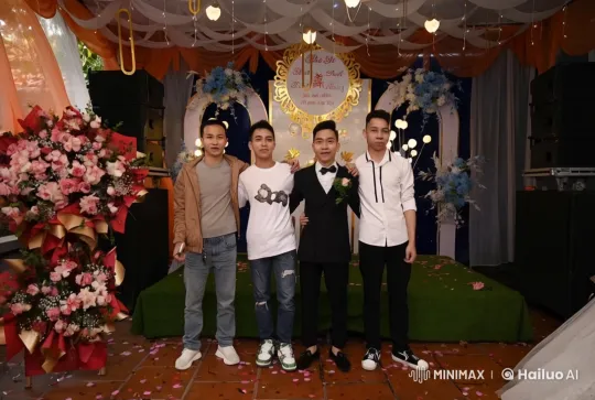 Young Men Pose for Photo at Elegant Event Stage – AI Generated Video | Hailuo AI