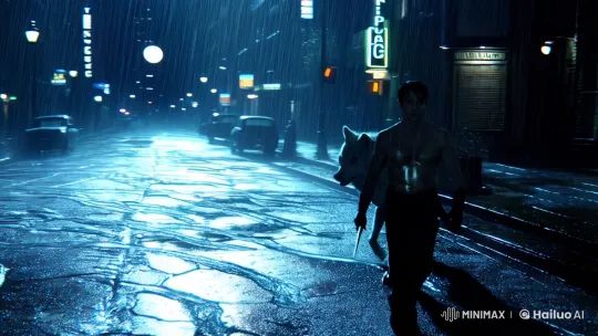 Stoic Protagonist and White Wolf Hunt in Nocturnal Cityscape – AI Generated Video | Hailuo AI