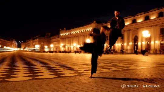 Martial Artists Perform Synchronized High-Flying Kick – AI Generated Video | Hailuo AI
