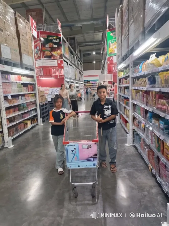 Boys' Playful Struggle Over Shopping Cart in Supermarket – AI Generated Video | Hailuo AI