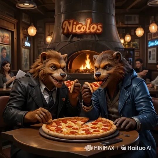 Anthropomorphic Lions Share Pizza in Rustic Pizzeria – AI Generated Video | Hailuo AI