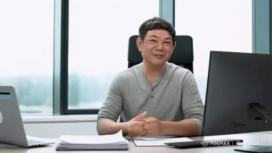 Professional Man Engaged in Animated Video Call in Modern Office – AI Generated Video | Hailuo AI