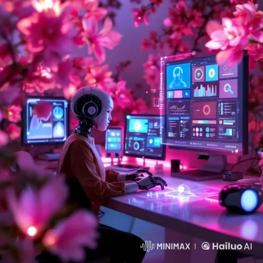 Robot Operates in Serene, Techno-Floral Control Room – AI Generated Video | Hailuo AI