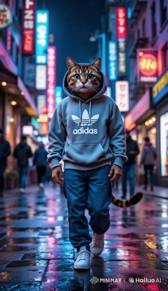 Cat-Man in a Hoodie Walks Through Neon City – AI Generated Video | Hailuo AI