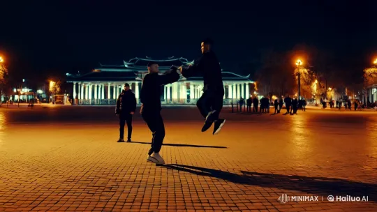 Synchronized High-Flying Kick in Night-Time Square – AI Generated Video | Hailuo AI