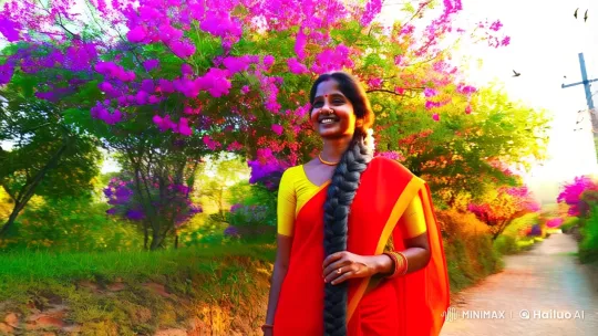 Indian Woman in Half-Saree Walks Through Enchanted Village Road – AI Generated Video | Hailuo AI