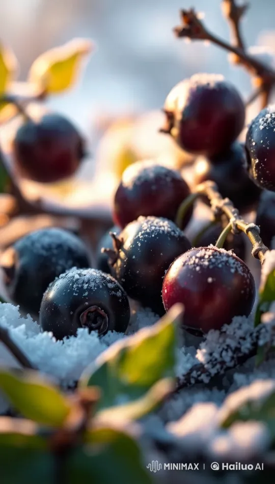 Serene Beauty: Snowfall on Berries in 4K Live2D – AI Generated Video | Hailuo AI