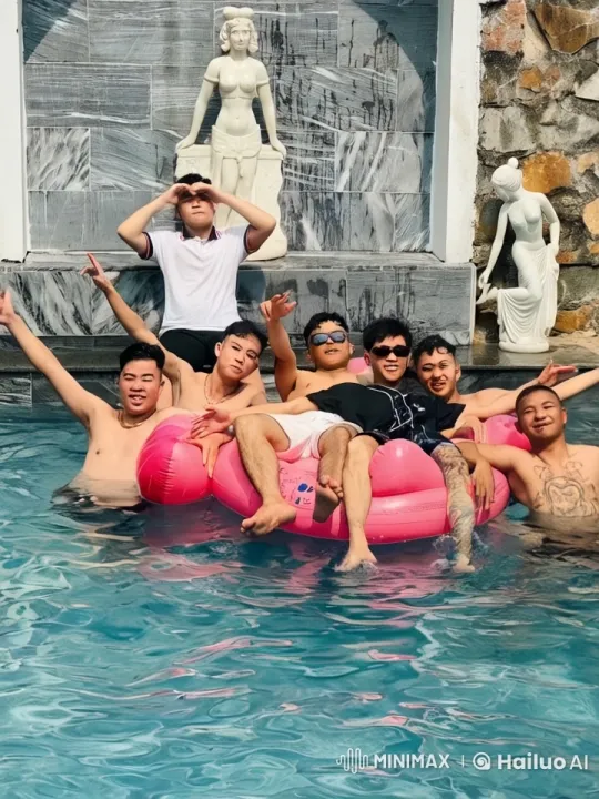 Friends Playfully Spar in Pool with Mock Kung Fu – AI Generated Video | Hailuo AI