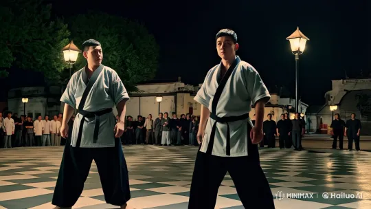 Nocturnal Martial Arts Showdown in Illuminated Square – AI Generated Video | Hailuo AI
