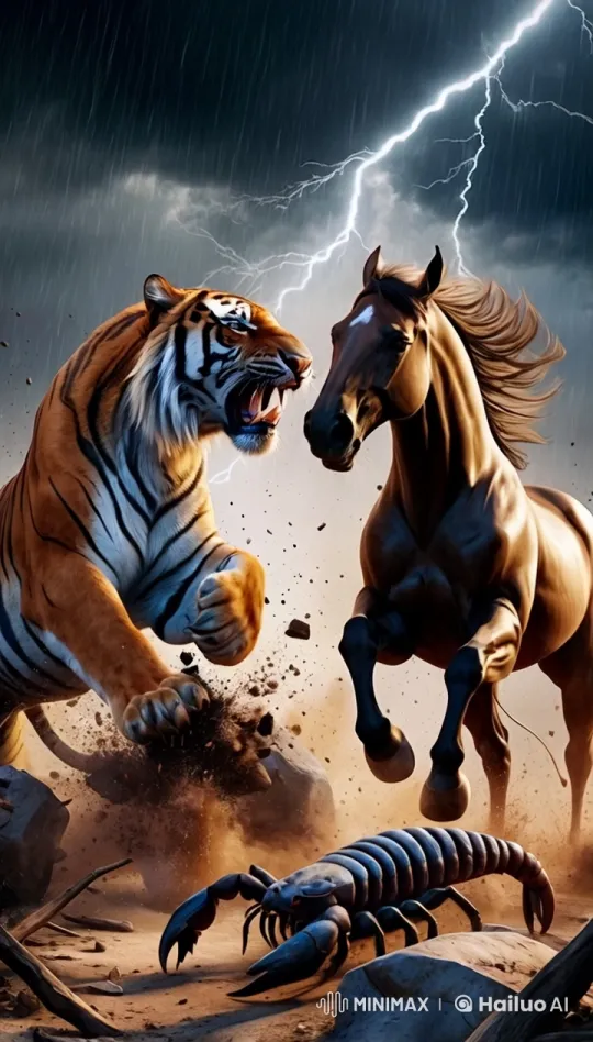 Fierce Animals Confrontation in Stormy Terrain – AI Generated Video | Hailuo AI